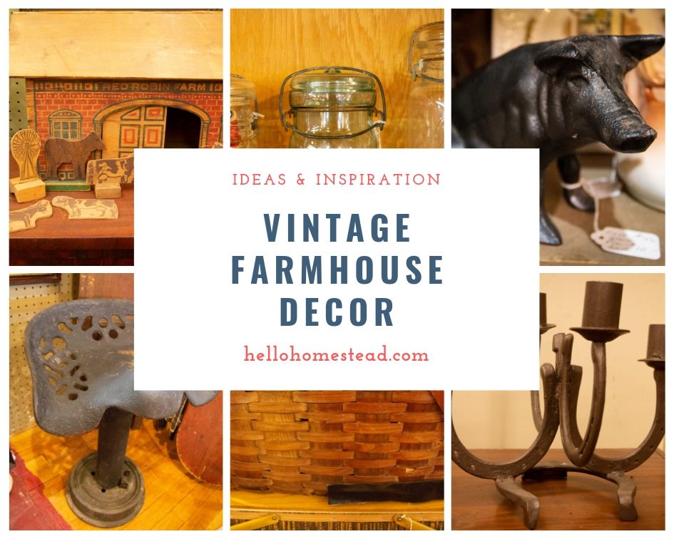 A collage of vintage farmhouse decor ideas.